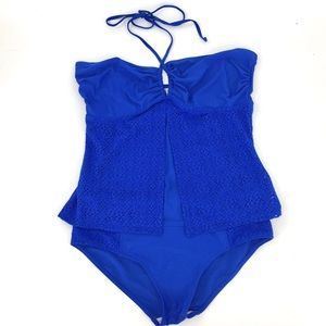 Blue Tankini Crochet Lace Halter Swim Top Brief Set Convertible Size 18/20
